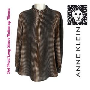 Anne Klein Polka Dot High Low Long Sleeve Black & Tan Blouse